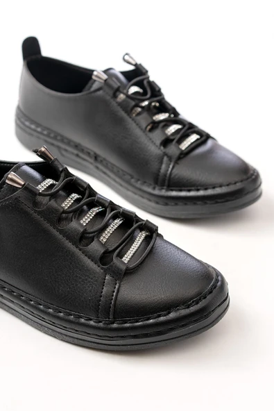 MK-9026 Siyah Bağcıklı  Taş Aksesuarlı Günlük Spor Ayakkabı - Resim 5