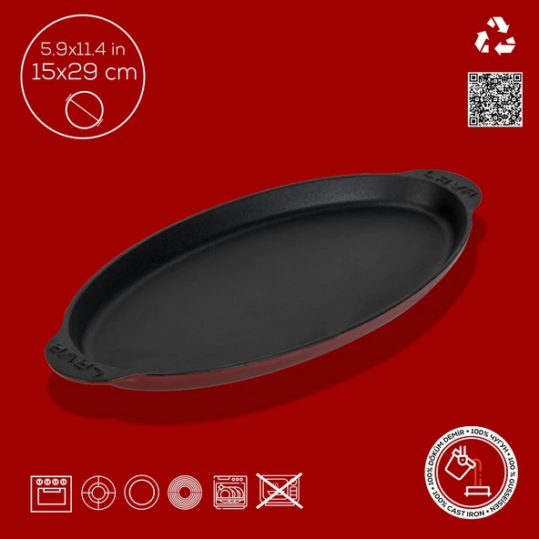Lava Döküm Balık Tabağı Döküm Demir Yekpare Kulplu 15x29cm.-Bordo - 4