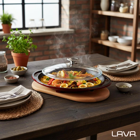 Lava Döküm Yuvarlak Saç Kavurma Tavası Döküm Demir Yekpare Çift Kulplu Cam Kapaklı Kayın Servis Ahşabı Çap(Ø)28cm.-Bordo - Resim 7