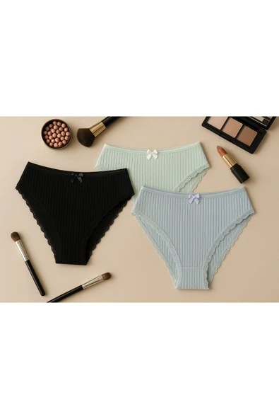 Bel Lastik Paça Dantelli Delikli Ribana Külot 3'lü Set - Resim 7