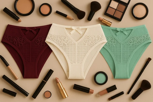 Ön V Dantelli Arka Delikli Ribana Bikini 3'lü Set ürün görseli