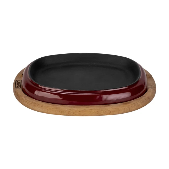 Lava Döküm Oval Fajita Tabağı Kayın Servis Ahşabı Ölçü 26x19cm.-Bordo - 1