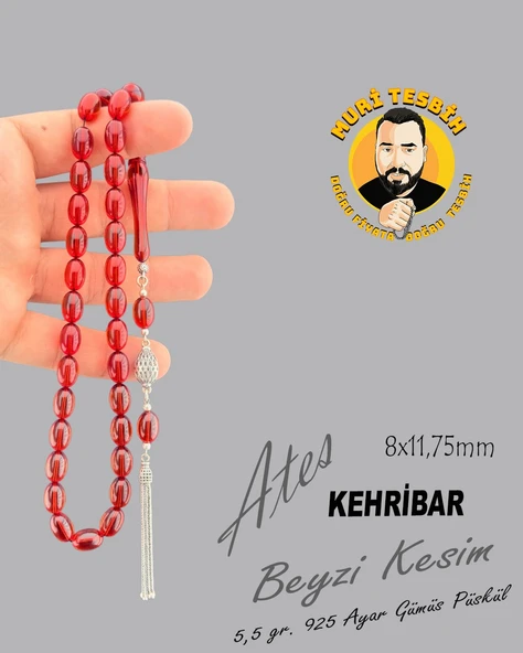 MURİ TESBİH 5,5 GR 925 AYAR GÜMÜŞ PÜSKÜL M.S.G ATEŞ KEHRİBAR BEYZİ KESİM 8X11,75 - 1