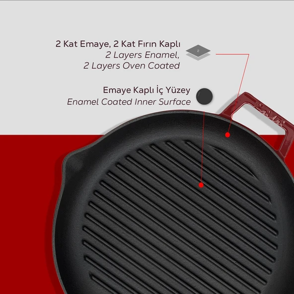 Lava Döküm Yuvarlak Izgara Tavası Döküm Demir Yekpare Çift Kulplu Çap(Ø)26cm.-Bordo - Resim 6