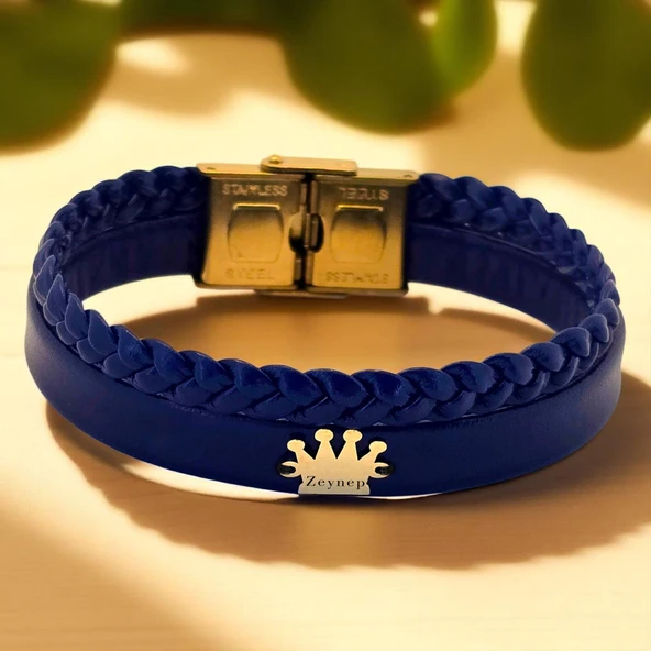 14 Ayar Altın Plakalı İsme Özel Taç Figürlü Hakiki Lacivert Derili Hediye Bileklik-517 ürün görseli