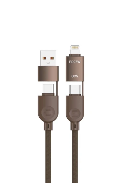 Torima U17 Kahverengi 4-in-1, Type-C To Type-C And Ligthning -USB Çoklu Değiştirilebilir Başlıklı 100cm - 85w Hızlı Şarj Ve Data Kablosu - 3