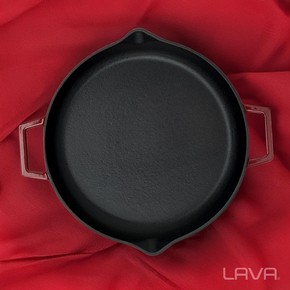 Lava Döküm Yuvarlak Kızartma Tavası Döküm Demir Yekpare Çift Kulplu Çap(Ø)30cm.-Bordo - Resim 7