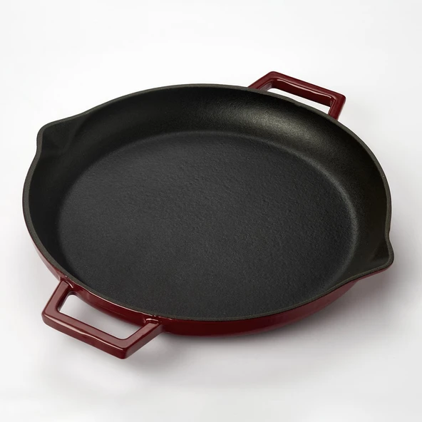 Lava Döküm Yuvarlak Kızartma Tavası Döküm Demir Yekpare Çift Kulplu Çap(Ø)30cm.-Bordo - Resim 2