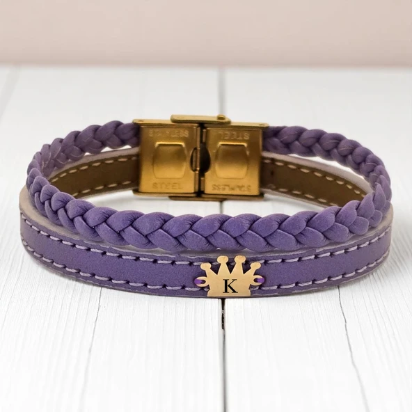 14 Ayar Altın Plakalı Harfe Özel Hakiki Mor Derili Taç Motifli Hediye Bileklik-516 ürün görseli