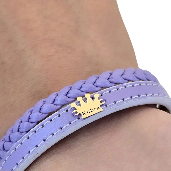 14 Ayar Altın Plakalı İsme Özel Taç Motifli Hakiki Mor Derili Hediye Bileklik-516 - Resim 3