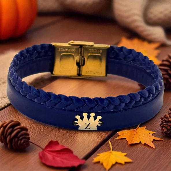 14 Ayar Altın Plakalı Harfe Özel Hakiki Lacivert Derili Taç Figürlü Hediye Bileklik-517 ürün görseli