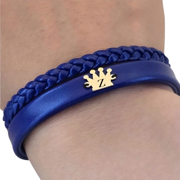 14 Ayar Altın Plakalı Harfe Özel Hakiki Lacivert Derili Taç Figürlü Hediye Bileklik-517 - Resim 3