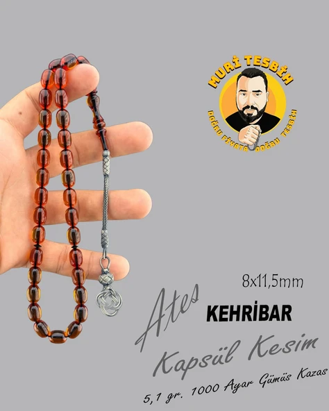 MURİ TESBİH 5,1 GR 1000 AYAR GÜMÜŞ KAZAS ATEŞ KEHRİBAR KAPSÜL KESİM 8X11,50 - 1