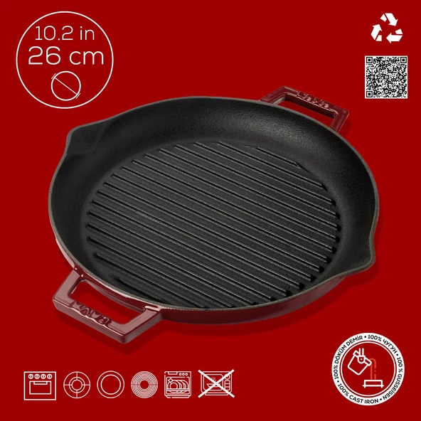 Lava Döküm Yuvarlak Izgara Tavası Döküm Demir Yekpare Çift Kulplu Çap(Ø)26cm.-Bordo - Resim 4