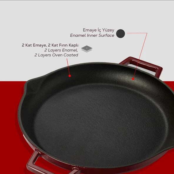 Lava Döküm Yuvarlak Kızartma Tavası Döküm Demir Yekpare Çift Kulplu Çap(Ø)30cm.-Bordo - Resim 6