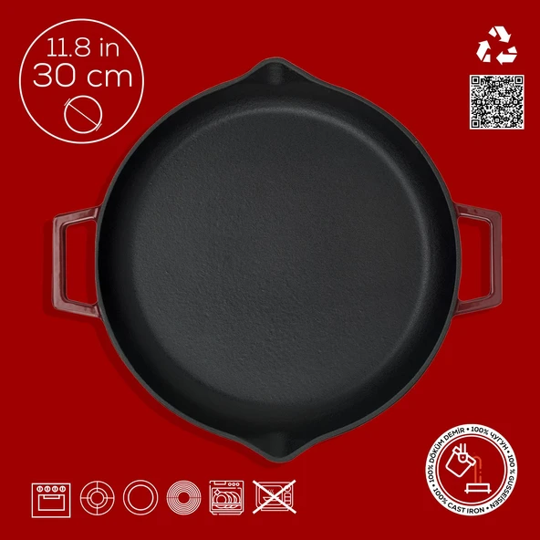 Lava Döküm Yuvarlak Kızartma Tavası Döküm Demir Yekpare Çift Kulplu Çap(Ø)30cm.-Bordo - Resim 4