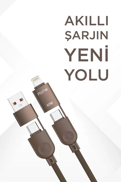 Torima U17 Kahverengi 4-in-1, Type-C To Type-C And Ligthning -USB Çoklu Değiştirilebilir Başlıklı 100cm - 85w Hızlı Şarj Ve Data Kablosu - 4
