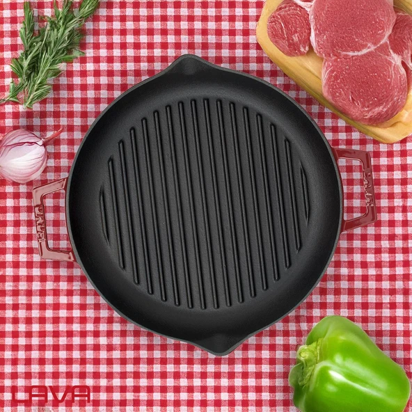 Lava Döküm Yuvarlak Izgara Tavası Döküm Demir Yekpare Çift Kulplu Çap(Ø)26cm.-Bordo - Resim 7