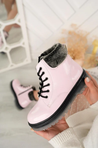 Pudra Kırışık Rugan Yünlü Fermuarlı Kız Çocuk Botu - 4