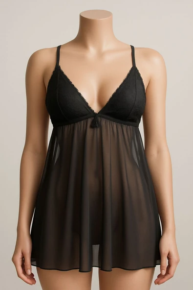 Önü Dantel Detaylı Siyah Gecelik ürün görseli