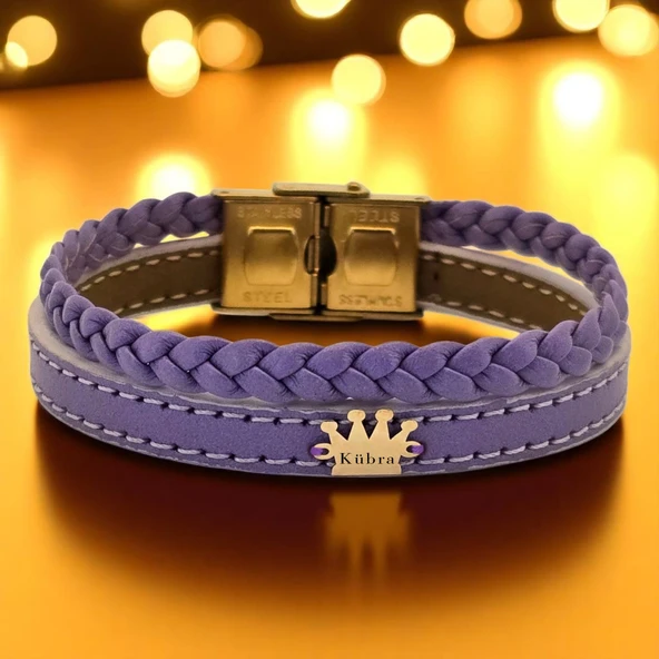14 Ayar Altın Plakalı İsme Özel Taç Motifli Hakiki Mor Derili Hediye Bileklik-516 ürün görseli