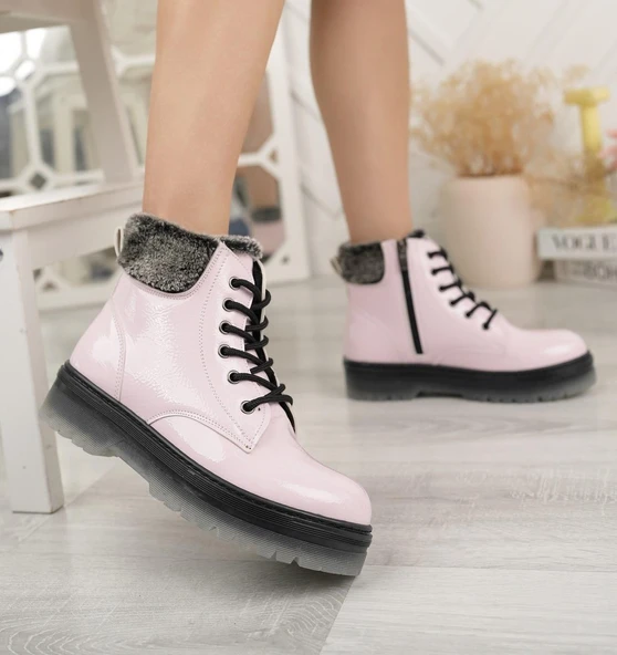 Pudra Kırışık Rugan Yünlü Fermuarlı Kız Çocuk Botu - 2