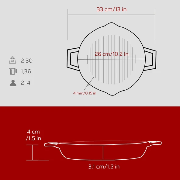 Lava Döküm Yuvarlak Izgara Tavası Döküm Demir Yekpare Çift Kulplu Çap(Ø)26cm.-Bordo - Resim 5