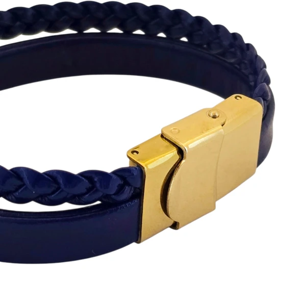 14 Ayar Altın Plakalı İsme Özel Taç Figürlü Hakiki Lacivert Derili Hediye Bileklik-517 - Resim 4