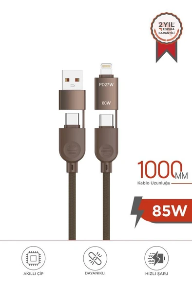 Torima U17 Kahverengi 4-in-1, Type-C To Type-C And Ligthning -USB Çoklu Değiştirilebilir Başlıklı 100cm - 85w Hızlı Şarj Ve Data Kablosu - 1