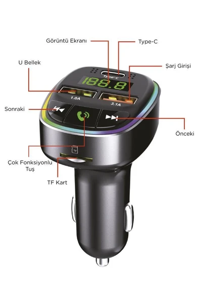 TORİMA G17 Siyah 18W Hızlı Şarjlı Bluetooth Transmitter Araç Şarj Cihazı – USB, TF Kart, FM, Mikrofon Destekli - Resim 3