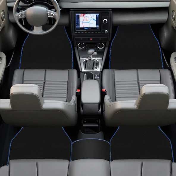 Mavi Kenarlı 5'li Araç Oto Halı Paspas Seti - Ön Arka Takım Siyah Araba Taban Paspas - Resim 2