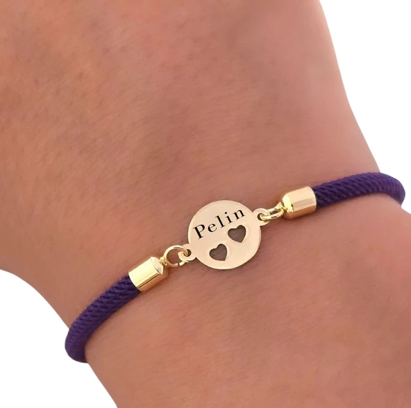 14 Ayar Altın Plakalı İsme Özel Kalp Detaylı Oval Motifli Koyu Mor İpek Örgülü Hediye Bileklik-518 - Resim 3