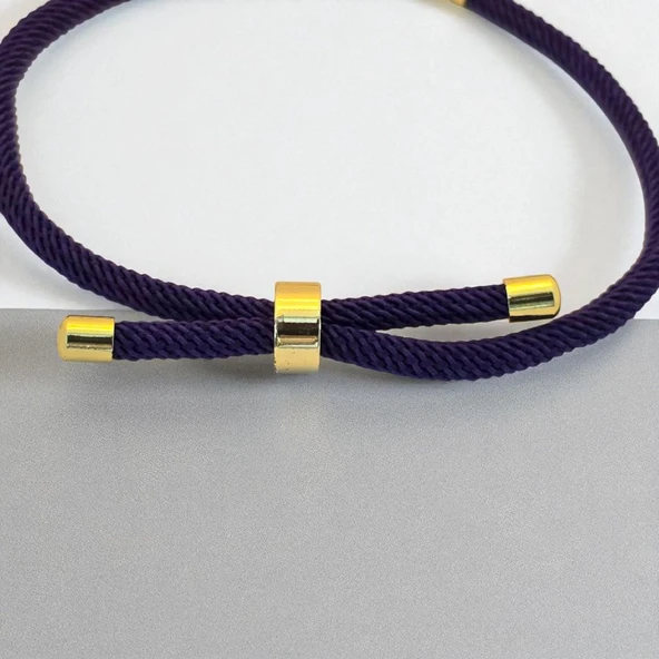 14 Ayar Altın Plakalı Harfe Özel Koyu Mor İpek Örgülü Kalp Detaylı Oval Motifli Hediye Bileklik-518 - Resim 4
