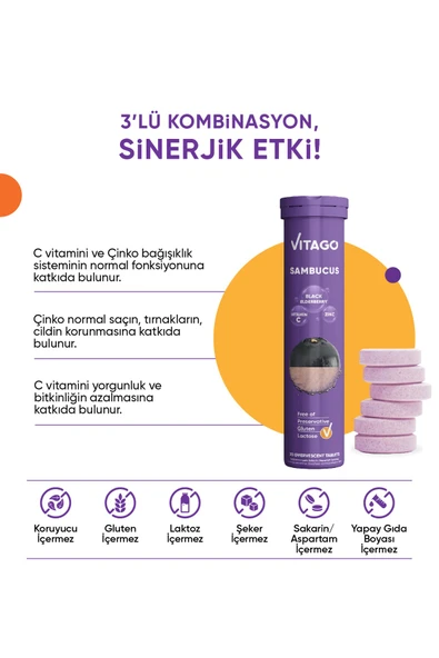 Vitago Sambucus, Vitamin C Ve Çinko 20li Efervesan Tablet - Resim 2