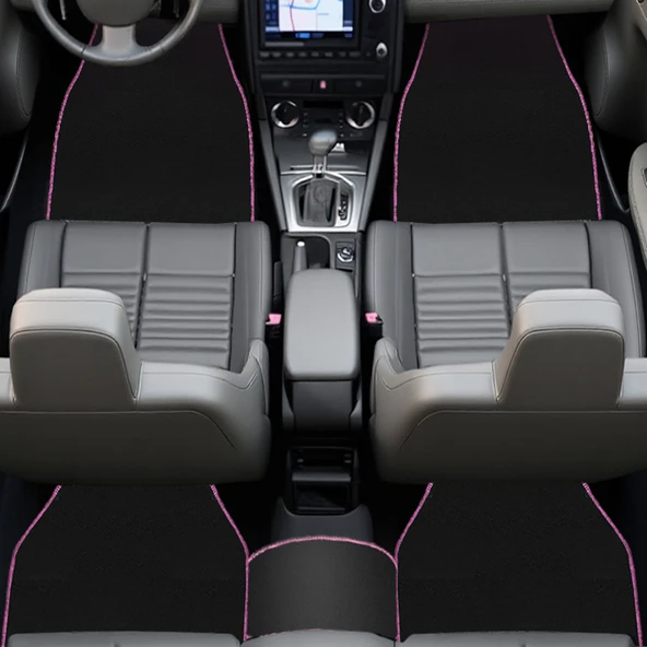 Pembe Kenarlı 5'li Siyah Araç Oto Halı Paspas Seti - Ön Arka Takım Araba Taban Paspas - Resim 2