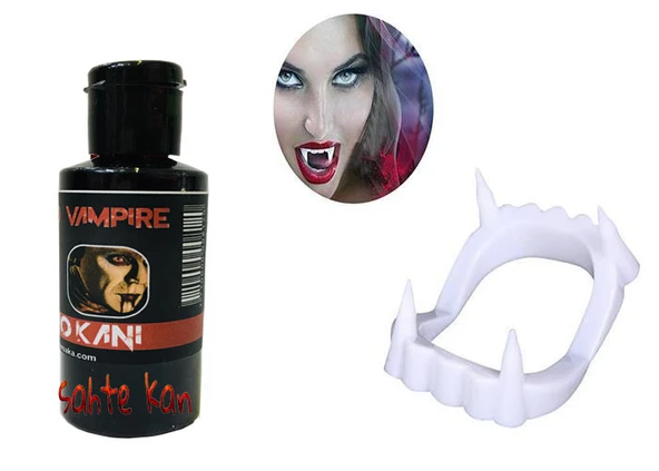 Beyaz Renk Çift Damak Takma Vampir Dişi ve 50 gr Tiyatro Kanı Set ürün görseli 1