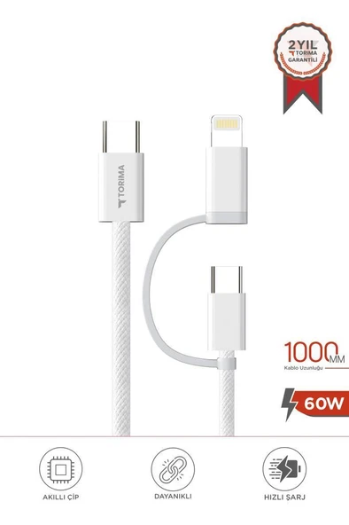 Torima U16 Beyaz 2-in-1, Type-C To Type-C And Ligthning  100cm - 65w Hızlı Şarj Ve Data Kablosu ürün görseli