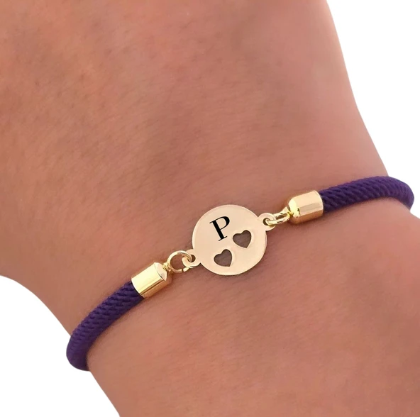 14 Ayar Altın Plakalı Harfe Özel Koyu Mor İpek Örgülü Kalp Detaylı Oval Motifli Hediye Bileklik-518 - Resim 3