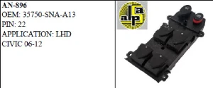 CAM ANAHTARI>HONDA CIVIC SOL DÖRTLÜ 06-10 - 6 BUTON   >>35750-SNA-A13 - MCAR-AN896 ürün görseli