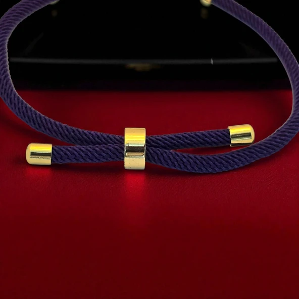 14 Ayar Altın Plakalı İsme Özel Kalp Detaylı Oval Motifli Koyu Mor İpek Örgülü Hediye Bileklik-518 - Resim 4