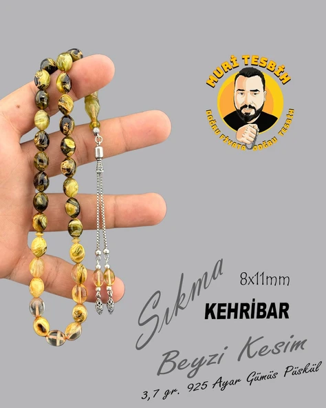 3,7 GR 925 AYAR GÜMÜŞ PÜSKÜL SIKMA KEHRİBAR BEYZİ KESİM 8X11 - 1