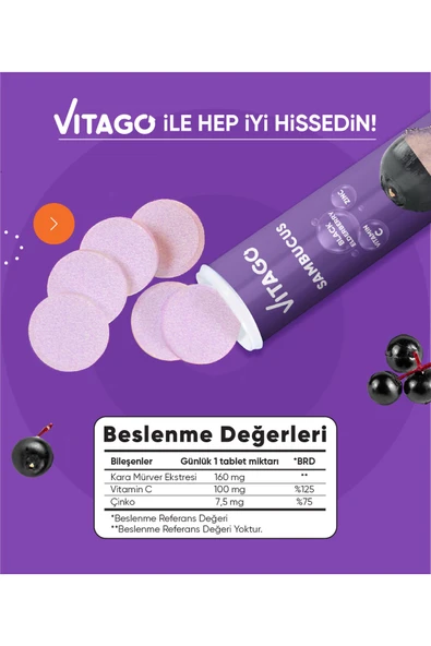 Vitago Sambucus, Vitamin C Ve Çinko 20li Efervesan Tablet - Resim 3