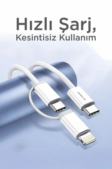 Torima U16 Beyaz 2-in-1, Type-C To Type-C And Ligthning  100cm - 65w Hızlı Şarj Ve Data Kablosu - Resim 2