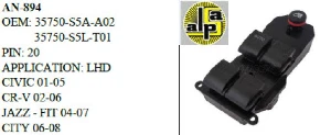 CAM ANAHTARI>HONDA CIVIC-CITY-CRV-JAZZ SOL DÖRTLÜ 01-06 SİYAH >35750-S5A-A02ZA/35750-S5L-T010 - MCAR-AN894 ürün görseli