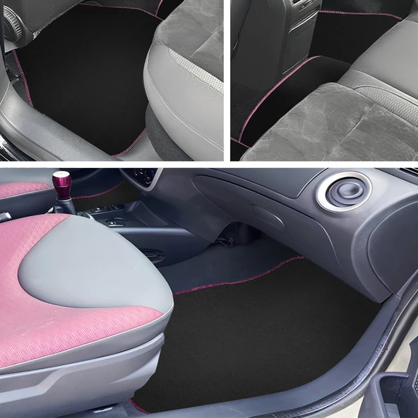 Pembe Kenarlı 5'li Siyah Araç Oto Halı Paspas Seti - Ön Arka Takım Araba Taban Paspas ürün görseli