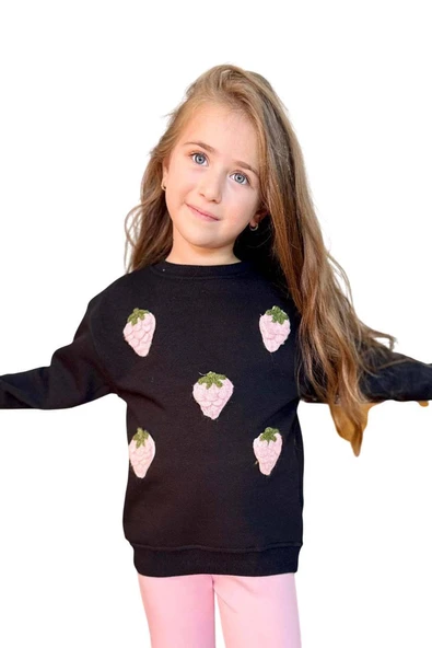 Kız Çocuk Üzeri Çilek Figürlü 3 İplik Kazak Bol Kesim Skuba Kumaş Pembe Alt Üst Takım - 10