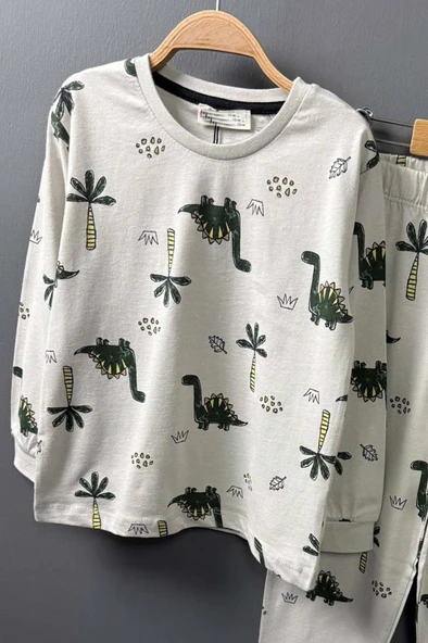 Erkek Çocuk Üzeri Palmiye Ağacı ve Dinazor Baskılı Krem Pijama Takımı - Resim 2