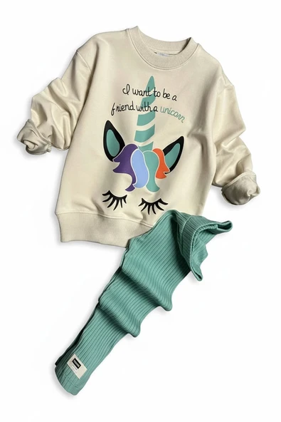 Unicorn Desenli Kız Çocuk Yeşil Renk Taytlı Takım - 2