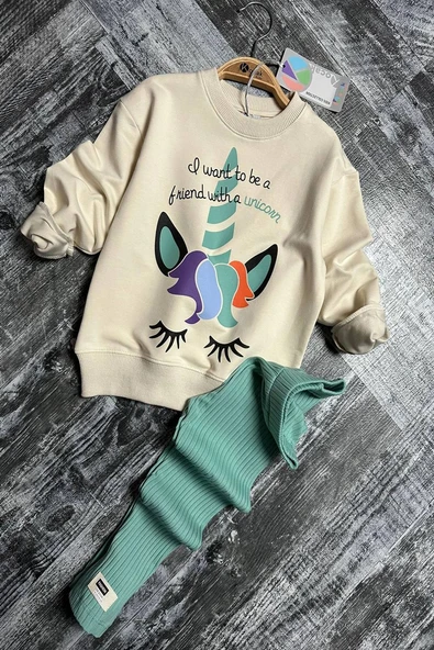Unicorn Desenli Kız Çocuk Yeşil Renk Taytlı Takım - 3