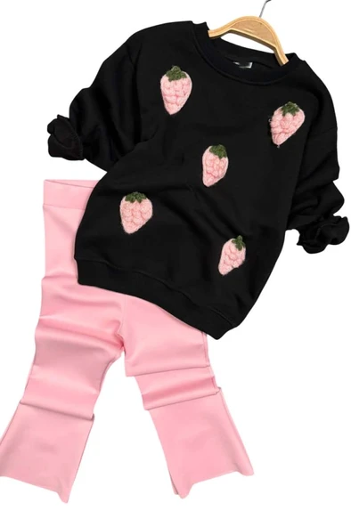 Kız Çocuk Üzeri Çilek Figürlü 3 İplik Kazak Bol Kesim Skuba Kumaş Pembe Alt Üst Takım - 5